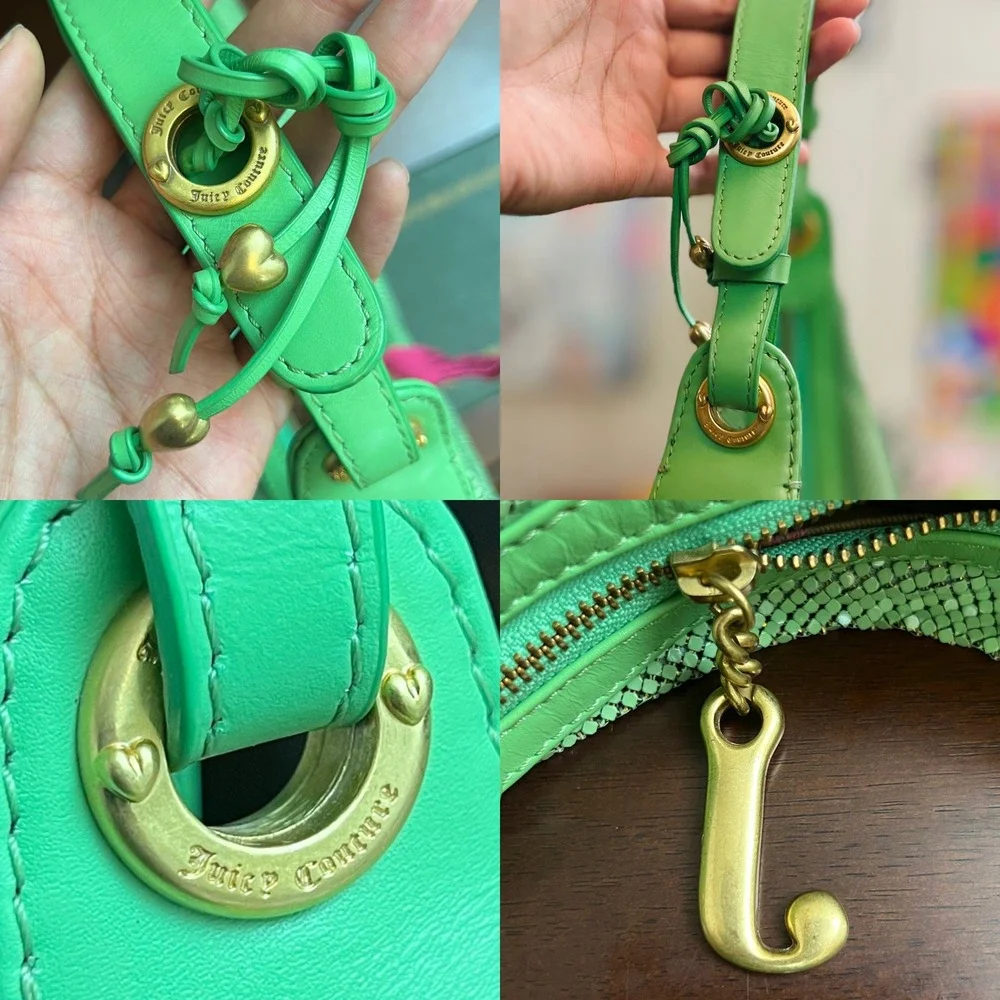 Juicy Couture Viva La Juicy Green Mesh Hobo Bag Leather Trim Heart Logo Brass